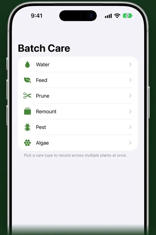 Fern's Batch Care: log water, feed, prune, remount, pest or algae across many plants at once